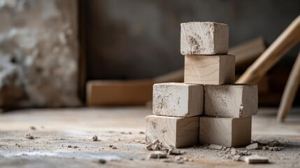 A stack of wooden blocks sits on a dusty surface, showcasing a rustic and unfinished environment, highlighting craftsmanship and construction materials.