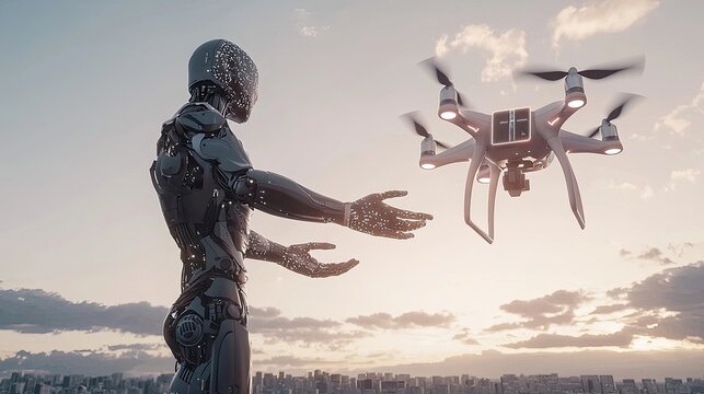 Man controlling drone with futuristic interface in outdoor setting. Technology, innovation, aerial photography, exploration, remote control, digital interface, engineering. Generative by AI. - Powered by Adobe