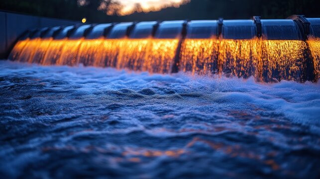 Serene waterfall cascading over a modern dam at sunset, creating a tranquil atmosphere with soft light