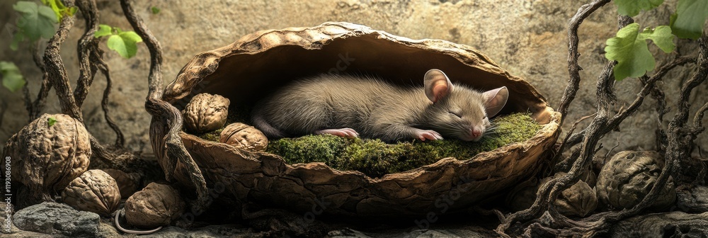 Poster A small mouse sleeps peacefully in a walnut shell among moss and nuts in a tranquil natural setting. Generative AI