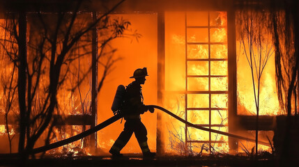 A heroic firefighter silhouetted against the flames as they carry a hose into a burning structure