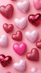Obraz premium Sparkling Red and Pink Hearts on Pink Background. Concept of Valentine's Day Celebration, Love Symbols. Copy space. Vertical