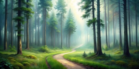 Obraz premium Serene Path Winding Through a Misty, Sun-Dappled Forest