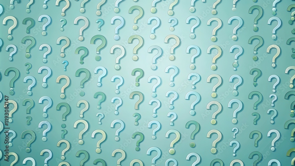 Poster a multitude of pastel question marks on a light blue background, representing inquiry and uncertaint