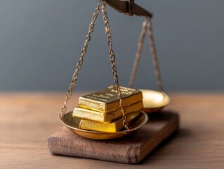 A golden scale balances bars of gold, symbolizing wealth, value, and economic balance against a neutral background.