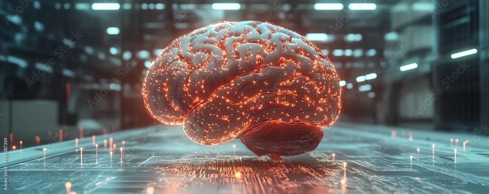 Poster 3d digital brain with circuit connections and ai design, glowing neural networks, futuristic artific