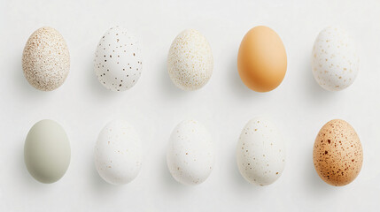 Easter Eggs Collection: A delightful flat lay showcasing ten uniquely speckled and colored eggs, arranged in two neat rows against a clean backdrop. Perfect for Easter, spring, or any celebration. 