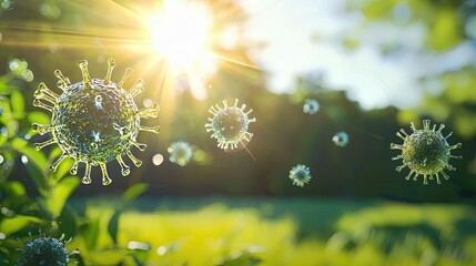 Abstract representation of viruses or cells floating in nature with sunlight in the background. Biology, science, microscopic, ecosystem, health. Generative by AI.