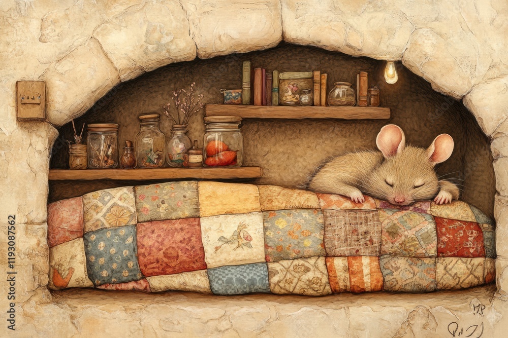 Leinwandbilder cozy mouse resting on quilt inside a charming, rustic nook with shelves filled with jars and books i