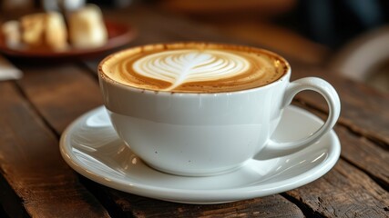 Warm cup of latte art on wooden table, inviting atmosphere perfect for relaxation or socializing in a cozy café setting