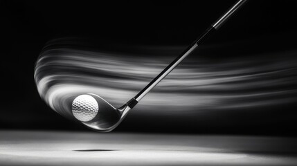 A golf ball is in the air, and a golf club is in the foreground