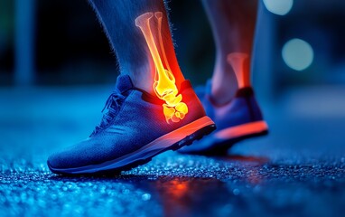 Closeup Xray of male athletes foot and ankle during sport, illustrating ankle pain and injuries, bone structure and damage details, medical sports injury concept