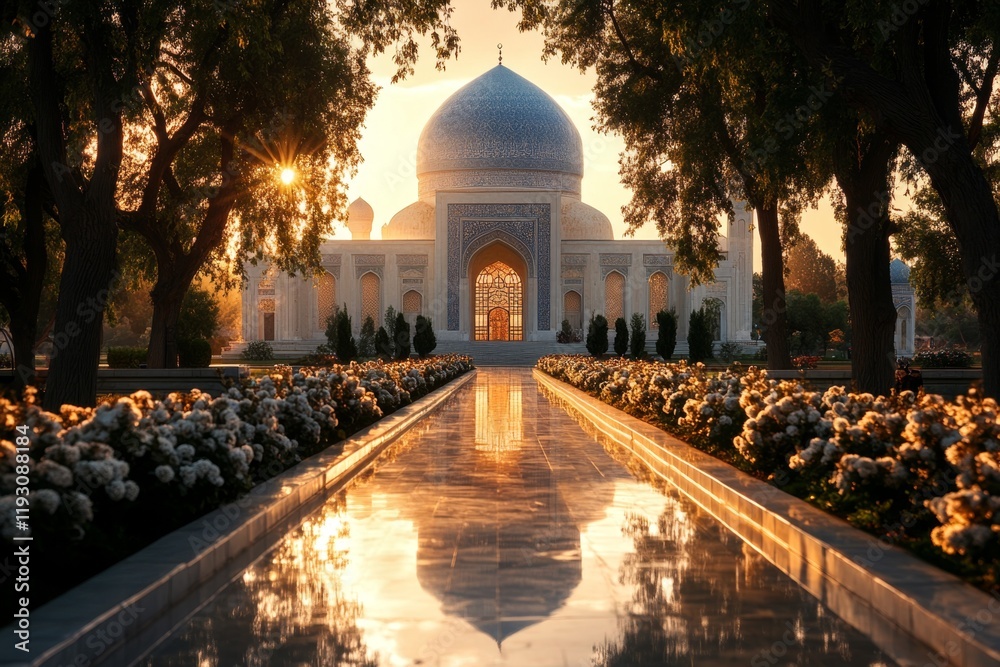 Poster the blue-tiled chashma-ayub mausoleum in bukhara, surrounded by serene gardens and soft light filter