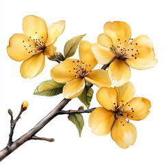 Naklejka premium Watercolor yellow cherry blossom flowers clipart, on a white background