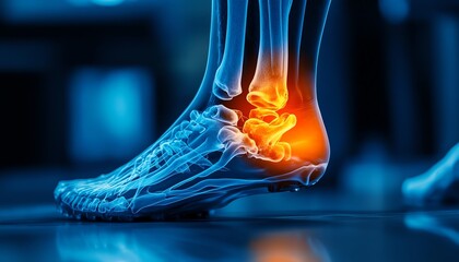 Male athlete s foot and ankle under Xray, detailed view of sports injuries, showing signs of ankle pain, intense focus on bone structure and impact, athletic trauma analysis
