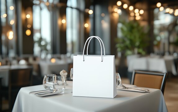 Mockup of a white paper shopping bag placed on a restaurant table, elegant dining ambiance, soft lighting, clean background, ideal for showcasing logos or branding