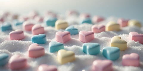 closeup of heart shaped candies on sugar
