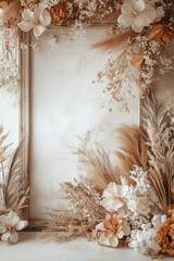 emplate with Empty Space and Boho Flowers in Beige Tones on Light Background