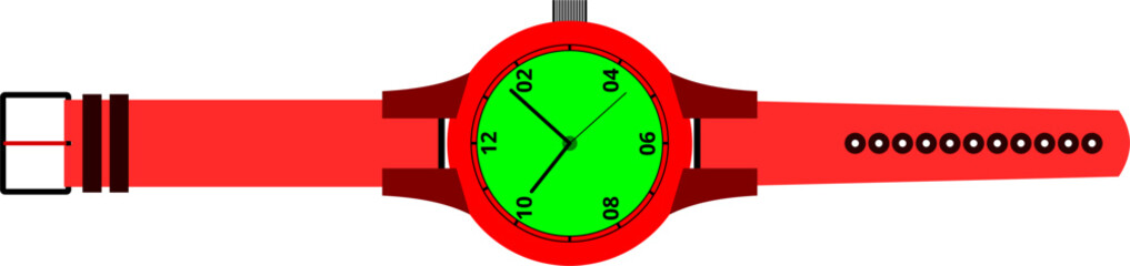 A colorful analog wrist watch with green round dial and red strip isolated on a white background