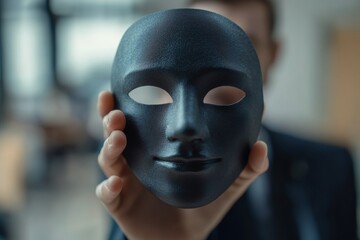 The Enigma of Identity: A Man Holds a Black Mask, Concealing His True Self. A Study of Deception, Secrecy, and the Human Psyche's Hidden Depths.