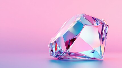 A 3D rendering of a faceted diamond, reflecting vibrant pinks and blues on a smooth surface