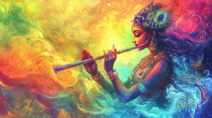Fototapeta premium Artistic depiction of Krishna playing the flute, surrounded by vibrant cosmic colors, symbolizing divinity and culture. Hinduism, mythology, art, spirituality, music. Generative by AI.