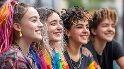 Fototapeta premium Group of young friends outdoors, smiling and laughing with vibrant rainbow accessories, celebrating diversity and pride. Community, friendship, celebration, inclusion, equality. Generative by AI