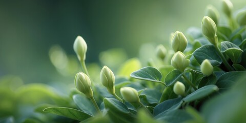Fototapeta premium Closeup of Light Green Flower Buds on Lush Green Foliage