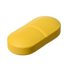 Oval yellow pill on isolated background, close up