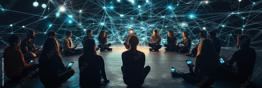 Aufkleber group of individuals gather in a circle during night, using glowing phones connected by illuminated 