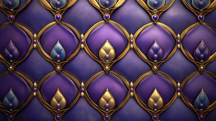Naklejka premium Elegant silk wallpaper with traditional Thai patterns in purple and gold tones, showcasing intricate designs and textures