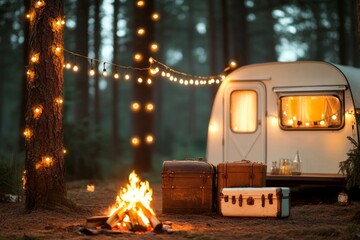 A rustic caravan with a string of fairy lights, old suitcases, and a campfire glowing softly in the foreground