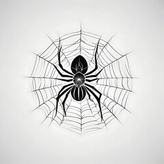 Fototapeta premium Black spider on a web, minimalist style, monochrome illustration, copy space