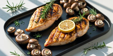 Grilled Chicken Breasts with Herbs and Lemon Slices on Black Tray Surrounded by Fresh Mushrooms and Rosemary for Healthy Meal Preparation