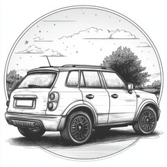 modification car icon inside the round line, line art style , clear background