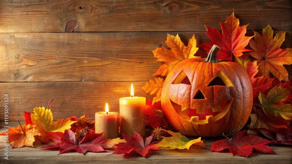 Poster autumnal jack-o'-lantern with burning candles and colorful leaves on rustic wooden background