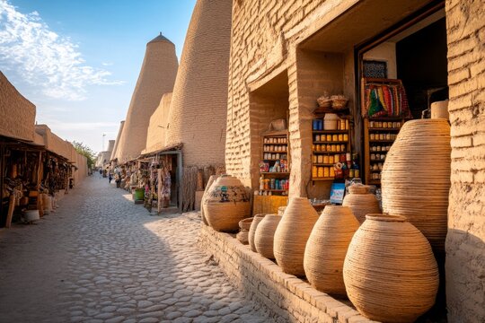 The towering walls of the Ichan Kala in Khiva, with small shops and local life bustling around its base