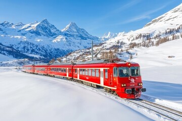 A scenic train journey through snowy mountains, with travelers gazing out at breathtaking vistas from large windows