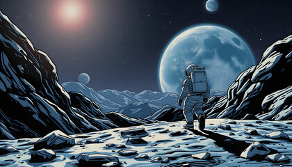 A Space conquest and back to the moon race concept image with an astronaut walking on the moon and view of the earth in background, comic art, with white tones