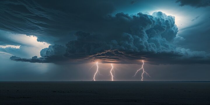 Dramatic Thunderstorm Over Open Field with Striking Bolts of Lightning and Heavy Clouds in a Moody Sky Atmosphere