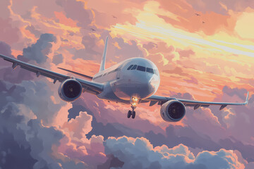 An airplane flying above the clouds is beautiful, cartoon-style.