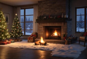 A Christmas Eve scene with a fireplace and snowy night, fireplace, calming, christmas eve