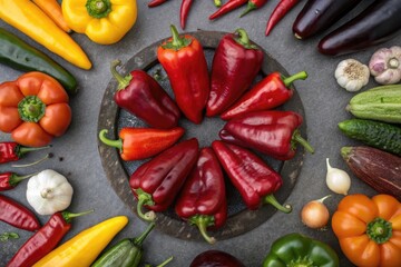a group of puya peppers arranged in a decorative pattern with other colorful vegetables, botanical arrangements, fresh ingredients display, floral patterns, natural beauty
