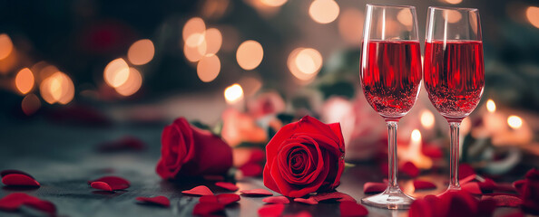 Romantic Roses & Wine. A Valentine's Day setup with two glasses of red wine, red roses, heart petals, and bokeh lights, creating a romantic atmosphere. Background
