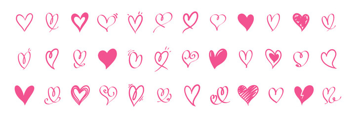 Set of various pink heart illustrations in hand drawn style. Vector icon collection perfect for design projects and love themed symbols.