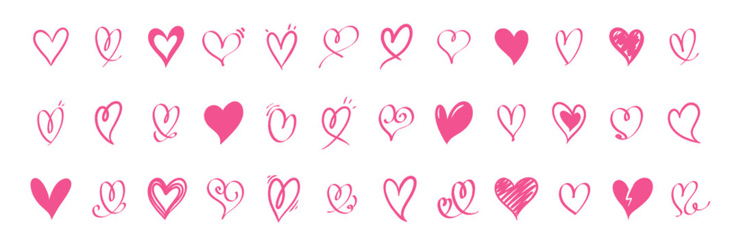 Set of various pink heart illustrations in hand drawn style. Vector icon collection perfect for design projects and love themed symbols.