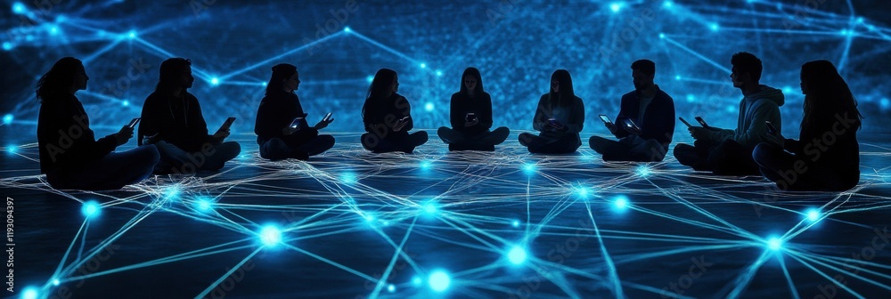 Poster People connected in a circle with glowing devices surrounded by illuminated digital lines at a collaborative gathering. Generative AI