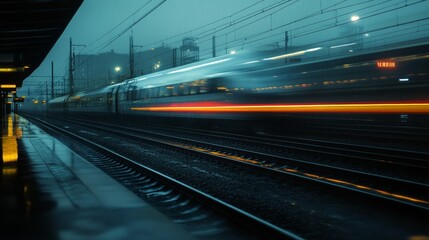 Naklejka premium Bullet train zips through European station at dusk, casting a blur on the platform. Industrial backdrop showcases a modern intercity train on the railroad tracks.