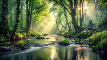 Fototapeta premium Serene Forest Stream at Sunrise Sunbeams Illuminate Mossy Rocks and Lush Greenery