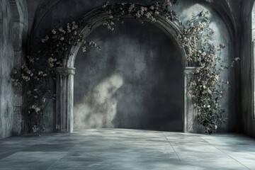 Obraz premium Ancient Stone Archway with Blooming Vines and Sunlight